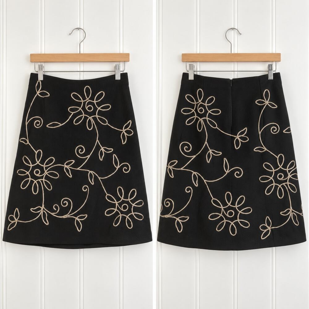 Ann Taylor LOFT Skirt Womens 8 Black Tan Floral Embroidered A Line Wool Blend